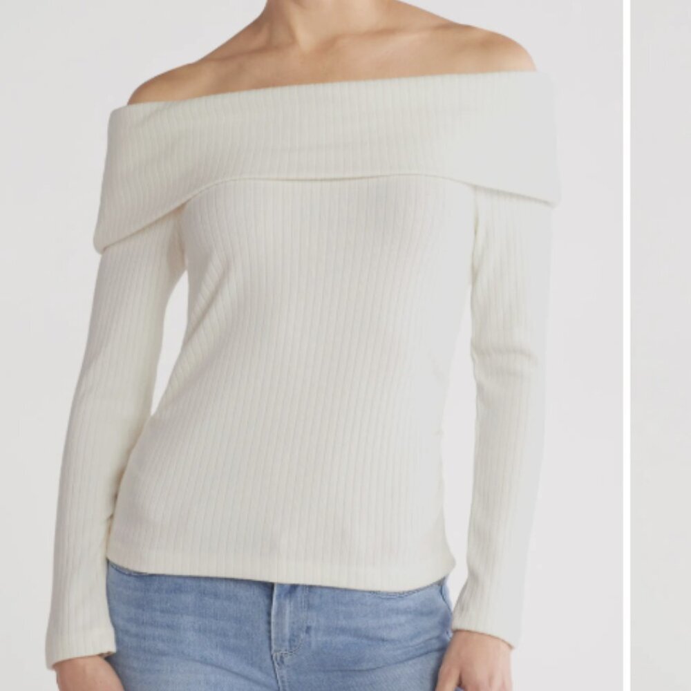 *Nwt* Beige Off Shoulder Side Ruched Knit Top Size L